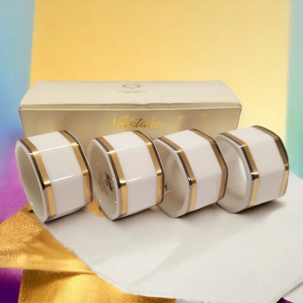 Gold & Platinum Band Napkin Holder Set 4-Noritake Vintage Napkin Rings Colection - Picture 6 of 13